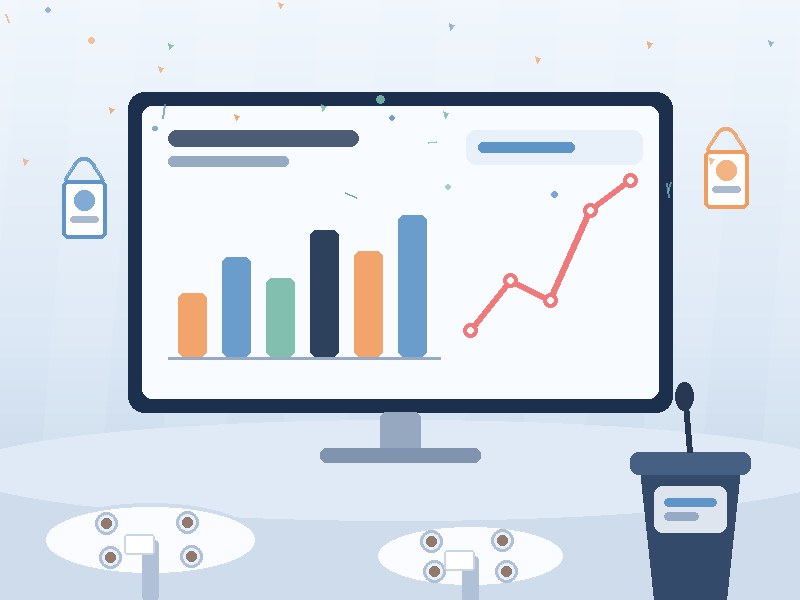 Illustration of a corporate event with a presentation screen showing charts, a podium and round tables
