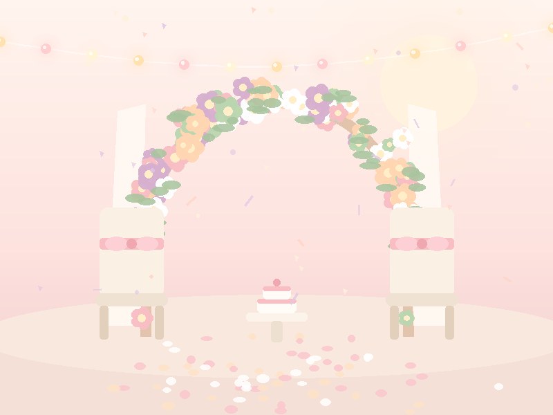 Illustration of a wedding ceremony setup with a flower arch, draped fabric, two chairs and a small cake